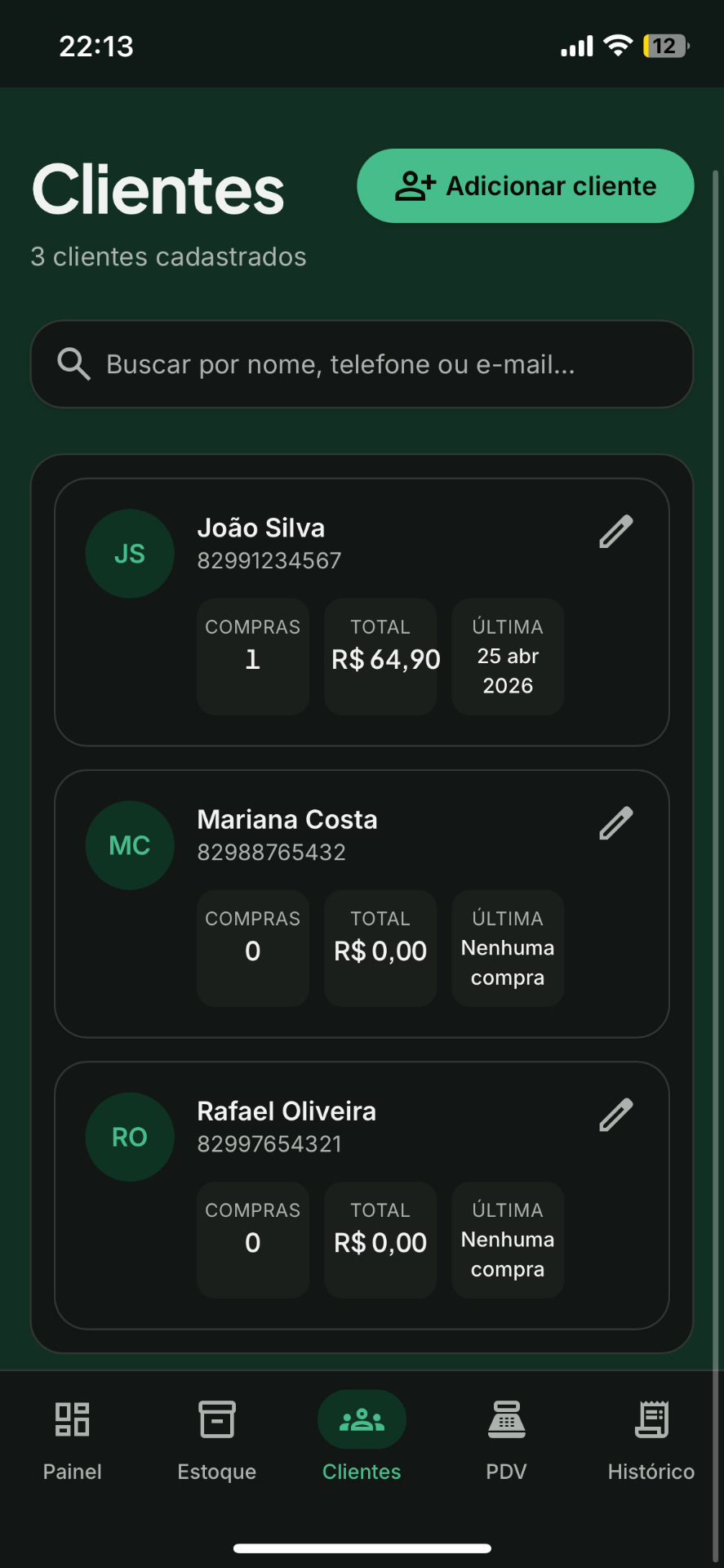Tela de Clientes no app Vendi
