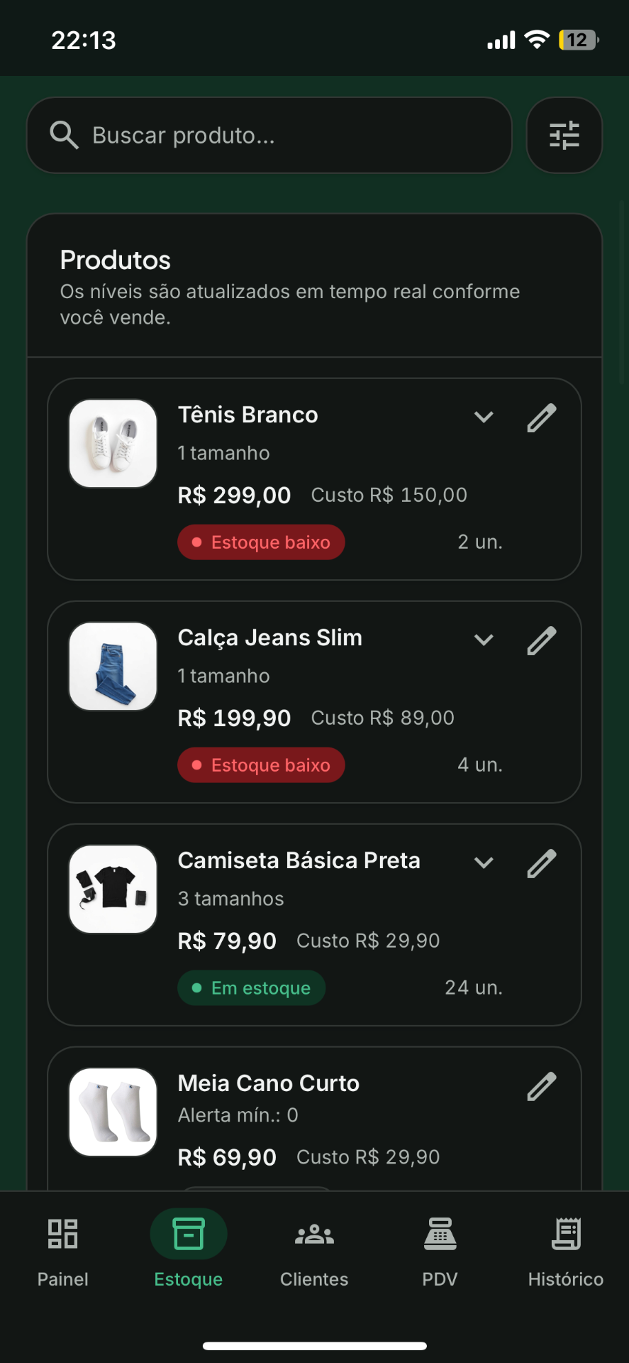 Tela de Estoque no app Vendi